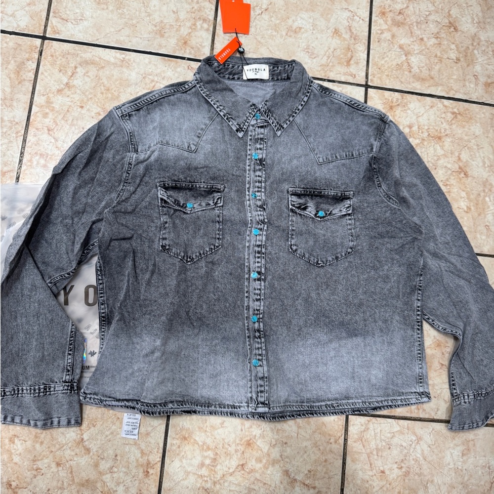 Youngla Washed Gray Denim Button-Up Shirt Jacket